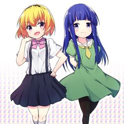  2girls arms_behind_back bangs black_legwear black_skirt blonde_hair blue_hair blunt_bangs cosplay costume_switch dress fang furude_rika green_dress hairband hand_on_hip hand_to_own_mouth hazumi_otoya highres higurashi_no_naku_koro_ni houjou_satoko kneehighs long_hair multiple_girls open_mouth pantyhose shirt short_hair short_sleeves skirt smile suspender_skirt suspenders violet_eyes white_legwear white_shirt 