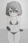  1girl absurdres ass_visible_through_thighs bangs bikini blush breasts chis_(js60216) closed_mouth commentary_request eyebrows_visible_through_hair frown gloves greyscale halterneck hand_on_own_stomach highres kemono_friends looking_at_viewer monochrome short_hair sitting small_breasts solo spot_color string_bikini sweat swimsuit wavy_hair 