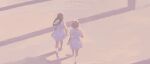  2girls artist_name bare_legs braid brown_hair commentary dated dress facing_away from_behind highres long_hair multiple_girls muted_color original outdoors running shadow short_hair short_sleeves twin_braids white_dress white_footwear wide_shot xilmo 
