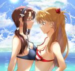  2girls artist_request bikini bikini_top blue_eyes blush breast_envy brown_hair clouds cloudy_sky glasses hairband long_hair looking_at_another makinami_mari_illustrious multiple_girls neon_genesis_evangelion ocean orange_hair sky souryuu_asuka_langley summer swimsuit teeth yuri 