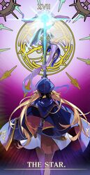  1girl aokiku artoria_pendragon_(caster)_(fate) artoria_pendragon_(fate) blonde_hair blue_cape blue_headwear cape facing_away fate/grand_order fate_(series) feet_out_of_frame hat highres holding holding_staff long_hair purple_background skirt solo staff standing tarot the_star_(tarot) white_skirt 