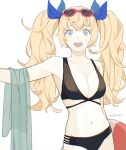  1girl alternate_costume bangs bare_arms bare_shoulders bikini black_bikini blonde_hair blue_eyes blush breasts commentary_request cowboy_shot eyebrows_visible_through_hair eyewear_on_head gambier_bay_(kancolle) hair_between_eyes hair_ribbon heart heart-shaped_eyewear highres ichiroku_(sakumogu-029) kantai_collection large_breasts lifebuoy long_hair looking_at_viewer navel open_mouth ribbon simple_background smile solo swimsuit twintails white_background 