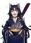  1girl :d absurdres animal_ears arknights bangs black_hair black_kimono bowl commentary distr dog_ears facial_mark food forehead_mark highres holding holding_bowl japanese_clothes kimono looking_at_viewer noodles open_mouth ramen saga_(arknights) simple_background smile solo upper_body white_background 