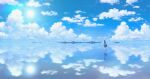  1girl bag black_hair blue_sky clouds commentary_request day from_behind full_body grey_skirt holding holding_bag long_hair original outdoors reflective_water salar_de_uyuni scenery shirt skirt sky solo standing standing_on_liquid sun water white_shirt yakkunn 