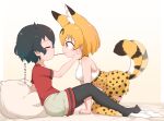  2girls all_fours animal_ears arm_support bangs black_hair black_legwear blonde_hair bow bowtie chis_(js60216) closed_eyes commentary food from_side grey_shorts hand_on_another&#039;s_face heart high-waist_skirt highres kaban_(kemono_friends) kemono_friends kneeling leaning_back leaning_forward legwear_under_shorts miniskirt mouth_hold multiple_girls no_gloves no_shoes on_bed pantyhose pillow pocky pocky_kiss print_legwear print_neckwear print_skirt red_shirt serval_(kemono_friends) serval_print shirt short_hair short_sleeves shorts sitting skirt sleeveless sleeveless_shirt tail thigh-highs translated white_shirt yellow_eyes yellow_legwear yellow_neckwear yellow_skirt yuri 