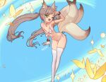  1girl :3 ;d animal_ears arm_up armpits bent_over bikini blue_background blush_stickers borscht_(artist) bug butterfly choker commission crossed_ankles earrings fang flat_chest fox_ears fox_tail front-tie_bikini front-tie_top green_eyes highres insect jewelry long_hair long_legs mabinogi multiple_tails navel one_eye_closed open_mouth ribbon side-tie_bikini simple_background smile solo string_bikini swimsuit tail thigh-highs twintails very_long_hair w white_bikini white_legwear wrist_ribbon 
