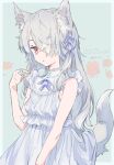  1girl animal_ear_fluff animal_ears blue_border border commentary_request commission dress duplicate expressionless eyebrows_visible_through_hair eyes_visible_through_hair fox_ears fox_girl fox_tail frills gradient_eyes grey_dress grey_hair hair_over_one_eye hair_twirling highres long_hair looking_at_viewer multicolored multicolored_eyes orange_eyes original parted_lips pink_eyes pixel-perfect_duplicate playing_with_own_hair purple_ribbon red_eyes ribbon sansaro_rii signature silver_hair skeb_commission sleeveless sleeveless_dress solo tail tail_lift tail_raised wolf_ears wolf_girl wolf_tail 