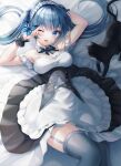  0v0_(l_seohui) 1girl ;o animal apron arm_garter armpits arms_up bare_shoulders bed_sheet black_cat blue_eyes blue_hair bow bowtie breasts bug butterfly cat detached_collar dress floating_hair frills garter_straps grey_legwear insect long_hair looking_at_viewer lying maid maid_apron maid_headdress medium_breasts on_back one_eye_closed open_mouth original sleeveless sleeveless_dress solo strapless strapless_dress thigh-highs underbust 