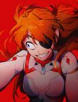  1girl blue_eyes crazy_eyes crazy_smile evangelion:_3.0+1.0_thrice_upon_a_time eyepatch highres honla interface_headset long_hair looking_to_the_side neon_genesis_evangelion plugsuit rebuild_of_evangelion red_background redhead smile solo souryuu_asuka_langley teeth upper_body wide-eyed 