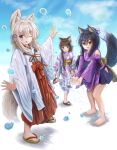  3girls :d ;d animal_ears bangs barefoot black_footwear black_hair black_hakama blue_sky blush brown_eyes brown_footwear brown_hair cat_ears clouds commentary_request day eyebrows_visible_through_hair fang folded_ponytail fox_ears fox_girl fox_tail hair_between_eyes hair_ornament hairclip hakama hakama_skirt highres iroha_(iroha_matsurika) japanese_clothes kimono koyoi_(iroha_(iroha_matsurika)) kunoichi-chan_(iroha_(iroha_matsurika)) light_brown_hair long_hair looking_at_viewer miko multiple_girls mutsuki_(iroha_(iroha_matsurika)) obi one_eye_closed open_mouth original outdoors purple_kimono red_hakama sash sky smile splashing standing standing_on_one_leg tail very_long_hair violet_eyes water_drop white_kimono wolf_ears wolf_girl wolf_tail x_hair_ornament yagasuri zouri 