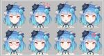  +_+ 1girl :3 :d :t ? ahoge anger_vein animal_ear_fluff animal_ears animal_hat bare_shoulders black_headwear blue_flower blue_hair blue_rose blush braid brown_eyes cat_ears cat_hat catxuan closed_mouth commentary crown_braid drooling fake_animal_ears flower glasses gradient_hair grey_background hair_flower hair_ornament hairclip hat highres mini_hat mole mole_under_eye multicolored_hair multiple_views open_mouth original parted_lips portrait pout pouty_lips red-framed_eyewear rose saliva semi-rimless_eyewear smile symbol-only_commentary tilted_headwear under-rim_eyewear upper_teeth 