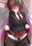  1girl azur_lane black_jacket black_panties blush breasts brown_hair clothes_lift curled_horns glasses highres horns jacket large_breasts lifted_by_self long_hair looking_at_viewer miniskirt necktie official_alternate_costume p.i.t.d panties plaid plaid_neckwear plaid_skirt school_uniform shirt skirt skirt_lift solo suruga_(azur_lane) suruga_(straightfaced_model_student)_(azur_lane) underwear uniform very_long_hair violet_eyes white_shirt 