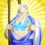  1boy age_of_empires artist_name blue_eyes commission english_commentary frown highres holding holding_staff hot-gothics long_hair parody pectorals priest_(aoe) robe solo staff superman_(series) undressing white_hair wide_sleeves wololo yellow_background 