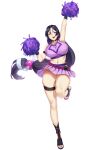  1girl bangs bare_shoulders blueorca blush breasts cheerleader crop_top fate/grand_order fate_(series) highres holding holding_pom_poms large_breasts long_hair looking_at_viewer low-tied_long_hair midriff minamoto_no_raikou_(fate) navel open_mouth parted_bangs pom_pom_(cheerleading) purple_hair skirt smile solo very_long_hair violet_eyes 