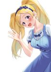  1girl absurdres blonde_hair blue_dress breasts dress emily_stewart hairband highres idolmaster idolmaster_million_live! kuro_kinkan long_hair medium_breasts open_mouth outstretched_hand simple_background smile solo twintails violet_eyes waving white_background 