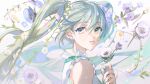  1girl :d absurdres bangs bare_shoulders blue_eyes blue_flower commentary_request eyebrows_visible_through_hair floating_hair flower from_side green_eyes green_hair green_nails hair_between_eyes hand_up hatsune_miku heterochromia highres holding holding_flower long_hair looking_at_viewer looking_to_the_side open_mouth purple_flower rumoon shirt sleeveless sleeveless_shirt smile solo twintails vocaloid white_flower white_shirt 