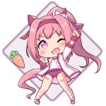  1girl ;d absurdres animal_ears arm_up bandaid bandaid_on_leg bangs blush bow breasts buruma chibi clenched_hands commentary_request ear_bow eyebrows_visible_through_hair fingerless_gloves flower-shaped_pupils full_body gloves gym_shirt gym_uniform hair_ribbon hairband haru_urara_(umamusume) high_ponytail highres horse_ears horse_girl horse_tail jacket kneehighs long_hair looking_at_viewer one_eye_closed open_clothes open_jacket open_mouth pink_hair ponytail red_buruma red_gloves red_hairband red_ribbon ribbon shirt shoes small_breasts smile solo standing striped striped_legwear tail track_jacket umamusume v-shaped_eyebrows very_long_hair violet_eyes white_bow white_footwear white_jacket white_shirt yukimi_ai_risu 