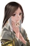  1girl bangs brown_eyes brown_hair closed_mouth commentary crumbs divine_child_of_rejuvenation english_commentary highres japanese_clothes kimono long_hair long_sleeves looking_at_viewer m0biuzz multicolored_hair parted_bangs sekiro:_shadows_die_twice smile solo white_background white_hair 