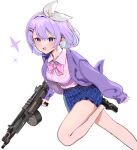  1girl apex_legends bangs black_footwear blue_eyes blue_hair blue_skirt blush bow breasts cardigan collared_shirt colored_inner_hair eva-8 gun hair_behind_ear hair_ornament hairclip holding holding_gun holding_weapon medium_breasts multicolored_hair nijisanji nijisanji_kr nun_bora open_hand pink_bow pink_shirt purple_cardigan purple_hair running shirt shirt_tucked_in short_hair shotgun skirt sleeves_past_wrists solo sparkle sumida_bunchou weapon white_background 