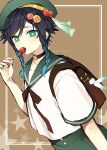  1boy androgynous bag bangs beret black_hair blue_hair braid candy chiroron choker collared_shirt commentary_request dutch_angle feathers food fruit genshin_impact gradient_hair green_eyes green_headwear hair_ornament hairclip hat highres holding holding_candy holding_food holding_lollipop jewelry lollipop looking_at_viewer male_focus multicolored_hair nail_polish necklace open_mouth orange_(food) school_uniform serafuku shirt short_hair_with_long_locks short_sleeves sidelocks simple_background solo star-shaped_pupils star_(symbol) strawberry symbol-shaped_pupils twin_braids venti_(genshin_impact) white_shirt 