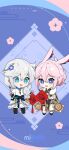  2girls :d animal_ears bangs blue_eyes braid braided_ponytail chibi china_dress chinese_clothes chinese_new_year dress fox_ears full_body hair_between_eyes hair_ornament highres holding holding_brush honkai_(series) honkai_impact_3rd kallen_kaslana multiple_girls official_art open_mouth pink_hair smile standing violet_eyes white_dress white_hair yae_kasumi yae_sakura yae_sakura_(darkbolt_jonin) 