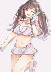  1girl bare_shoulders bottle bracelet brown_eyes brown_hair collarbone earrings hair_ornament highres holding holding_bottle idolmaster idolmaster_shiny_colors jewelry leg_up long_hair navel necklace one_eye_closed open_mouth pekoni_(peconi) ramune sandals smile swimsuit tsukioka_kogane twintails 