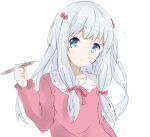  1girl bangs blue_eyes bow collared_shirt commentary_request core_(mayomayo) eromanga_sensei eyebrows_visible_through_hair hair_between_eyes hair_bow hand_up highres holding holding_stylus izumi_sagiri long_hair long_sleeves looking_at_viewer parted_lips pink_bow pink_shirt shirt silver_hair simple_background solo stylus white_background 
