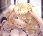  1girl ahoge artist_name blonde_hair blurry close-up depth_of_field ggi315 green_eyes headpat highres idolmaster idolmaster_cinderella_girls idolmaster_cinderella_girls_starlight_stage low_twintails medium_hair open_mouth pov rainbow smile solo_focus twintails yusa_kozue 