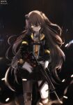  1girl absurdres bangs brown_hair city_lights clothes_writing commentary commentary_request english_commentary eyebrows_visible_through_hair floating_hair from_side girls_frontline gloves gun h&amp;k_ump h&amp;k_ump45 hair_between_eyes hair_ornament head_tilt headgear heckler_&amp;_koch highres holding holding_gun holding_weapon jacket long_hair looking_at_viewer mod3_(girls_frontline) nekoya_(liu) night one_eye_closed one_side_up outdoors parted_lips partial_commentary prosthesis prosthetic_arm rain scar scar_across_eye submachine_gun ump45_(girls_frontline) weapon wind wind_lift yellow_eyes 
