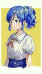  1girl blue_eyes blue_hair blush collared_shirt copyright_request expressionless hallelujah_001 highres red_neckwear shadow shirt shirt_tucked_in short_sleeves side_ponytail solo starlight_academy_uniform summer_uniform white_shirt yellow_background 