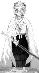  1boy bandage_over_one_eye bandaged_head bandages barefoot blood cape child closed_mouth commentary_request greyscale hakama highres holding holding_sword holding_weapon injury japanese_clothes katana kimetsu_no_yaiba maki_keigo male_focus monochrome multicolored_hair oil-paper_umbrella rengoku_kyoujurou simple_background solo standing sword thick_eyebrows umbrella weapon wide_sleeves younger 