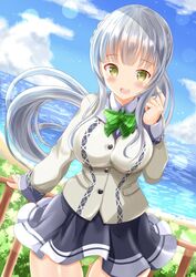  1girl :d ass_visible_through_thighs bangs black_skirt blue_sky blush bow braid breasts clouds collared_shirt commentary_request day dress_shirt eyebrows_visible_through_hair green_bow green_eyes green_panties grey_hair grey_jacket hand_up highres horizon jacket kashiwagi_saki long_hair long_sleeves looking_at_viewer medium_breasts ocean ongeki open_mouth outdoors panties railing shirt skirt sky smile solo underwear upper_teeth very_long_hair water white_shirt zenon_(for_achieve) 