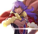  1boy bangs blurry cape champion_uniform closed_mouth commentary_request dark-skinned_male dark_skin facial_hair fur-trimmed_cape fur_trim hair_between_eyes hand_up highres leon_(pokemon) long_hair looking_at_viewer male_focus pokemon pokemon_(game) pokemon_swsh purple_hair red_cape shield_print shirt short_sleeves smile solo sword_print upper_body white_wristband yellow_eyes yunoru 