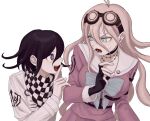  1girl ahoge bangs black_hair blonde_hair blue_eyes breasts checkered checkered_scarf dangan_ronpa_(series) dangan_ronpa_v3:_killing_harmony flipped_hair goggles goggles_on_head grey_hair index_finger_raised iruma_miu large_breasts long_hair long_sleeves lower_teeth open_mouth ouma_kokichi pink_shirt renshu_usodayo sailor_collar scarf school_uniform shirt simple_background straitjacket 