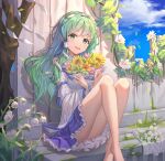  1girl absurdres al_guang bangs barefoot blue_skirt bouquet clouds crossed_ankles day detached_sleeves eyebrows_visible_through_hair feet_out_of_frame flower frog_hair_ornament green_eyes green_hair hair_ornament hair_tubes hibiscus highres holding holding_bouquet knees_up kochiya_sanae light_blush light_smile long_hair looking_at_viewer outdoors parted_lips petticoat pink_flower pink_rose rose shirt sitting skirt sky snake_hair_ornament solo sunflower tareme touhou tree very_long_hair white_flower white_shirt yellow_flower 