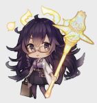  1225ka 1girl :p belt_pouch briefcase chibi dorothy_(sinoalice) full_body glasses grey_background halo highres holding holding_briefcase holding_weapon labcoat leggings long_hair long_sleeves looking_at_viewer mace polo_shirt pouch purple_hair purple_shirt purple_skirt reality_arc_(sinoalice) shirt simple_background sinoalice skirt solo tongue tongue_out violet_eyes weapon 