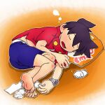  1boy barefoot closed_eyes ikki_tenryou male medabots open_mouth pillow purple_hair sleeping socks socks_removed solo 