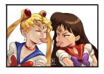  2girls absurdres artist_name bishoujo_senshi_sailor_moon blonde_hair blue_sailor_collar brown_eyes brown_hair choker circlet crescent crescent_earrings derivative_work earrings english_commentary heart heart_choker highres jewelry long_hair multiple_girls photoshop_(medium) red_choker sailor_collar sailor_mars sailor_moon sailor_moon_redraw_challenge sailor_senshi_uniform screencap_redraw shirt short_sleeves simple_background stud_earrings tongue tongue_out twintails upper_body white_background white_shirt yahyanass 