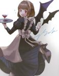  1girl absurdres artist_name back_bow bat_wings black_dress bow brown_hair dress high_heels highres holding holding_tray long_sleeves looking_at_viewer looking_back maid maid_headdress mysoda puffy_long_sleeves puffy_sleeves red_eyes short_hair standing tray white_bow wings 