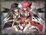  2girls alternate_color archbishop_(ragnarok_online) bangs bell black_footwear black_wings blue_eyes blush bow brown_hair cleavage_cutout closed_mouth clothing_cutout commentary_request demon_wings dress eyebrows_visible_through_hair full_body garter_straps hair_bell hair_between_eyes hair_bow hair_ornament head_wings high_heels holding_hands juliet_sleeves long_hair long_sleeves looking_at_viewer mouth_hold multiple_girls pink_hair pipe_in_mouth puffy_sleeves ragnarok_online red_bow red_dress red_eyes reona_amane sash smile stalk_in_mouth thigh-highs white_dress white_legwear wings yellow_sash 