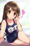  1girl absurdres arm_support arm_up bangs blush braid breasts brown_eyes brown_hair collarbone commentary_request hair_between_eyes half_updo heart highres idolmaster idolmaster_cinderella_girls long_hair looking_at_viewer medium_breasts one_side_up paopao pool poolside school_swimsuit shimamura_uzuki smile solo swimsuit v wet 