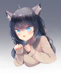  1girl absurdres animal_ear_fluff animal_ears artist_name bangs black_hair blue_eyes blush braid cat_ears gradient gradient_background highres long_hair making-of_available mysoda original paw_pose simple_background solo sweater twin_braids twintails upper_body 