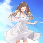  1girl bare_shoulders bow breasts brown_eyes brown_hair clouds dress flower hair_bow hair_flower hair_ornament idolmaster idolmaster_shiny_colors large_breasts long_hair open_mouth pekoni_(peconi) sky smile solo standing tsukioka_kogane twintails white_dress 