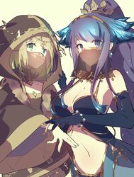  1boy 1girl bad_id bad_twitter_id bangs beads bikini blue_eyes blue_hair blunt_bangs blunt_ends bob_cut bracelet braid braided_ponytail brown_hair choker closed_mouth clothing_cutout coat dress fins fur_trim green_eyes green_hair gretel_(sinoalice) highres hood hood_up jewelry looking_at_another looking_at_viewer mask navel_cutout ningyo_hime_(sinoalice) otoko_no_ko ponytail short_hair sidelocks sinoalice sinochihara swimsuit tan_background 