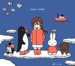  1girl :x animal bird boat braid cat crossover dog eyebrows_visible_through_hair hair_between_eyes iceberg jacket kantai_collection long_hair miffy miffy_(character) orange_eyes orange_footwear orange_jacket penguin rabbit rin_(rin_niji) single_braid skirt souya_(kancolle) standing twitter_username water watercraft white_skirt 