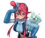  blue_eyes blue_gloves blue_jacket blush cropped_jacket ducklett gen_5_pokemon gloves gym_leader hair_ornament highres jacket midriff one_side_up pokemon pokemon_(game) pokemon_bw ranf redhead short_hair_with_long_locks sidelocks skyla_(pokemon) thigh_pouch tied_hair turtleneck 