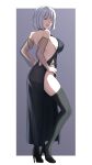  1girl absurdres backless_dress backless_outfit bangs bare_shoulders black_dress black_footwear black_legwear breasts cyka detached_sleeves dress eyebrows_visible_through_hair full_body girls_frontline high_heels highres large_breasts long_sleeves one_eye_closed open_mouth rpk-16_(girls_frontline) see-through_sleeves short_hair silver_hair solo standing thigh-highs violet_eyes 