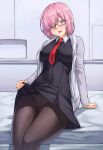  1girl arm_support black_dress black_legwear blush breasts clothes_lift dress dress_lift eyebrows_visible_through_hair eyes_visible_through_hair fate/grand_order fate_(series) glasses hair_over_one_eye large_breasts lifted_by_self long_sleeves looking_at_viewer mash_kyrielight open_mouth panties panties_under_pantyhose pantyhose pink_hair red_neckwear sarhce short_hair sitting smile solo teeth underwear upper_teeth violet_eyes 