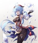  absurdres ahoge bell black_legwear blue_hair bodysuit breasts chinese_clothes cowboy_shot cryokinesis eyebrows_visible_through_hair floating_hair ganyu_(genshin_impact) genshin_impact goat_horns highres horns ice ice_shard light_blue_hair long_hair medium_breasts mool_yueguang neck_bell open_mouth pantyhose pelvic_curtain tassel very_long_hair violet_eyes 