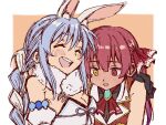  animal_ear_fluff animal_ears bangs blue_hair blush braid gloves hair_ornament hair_ribbon hand_on_another&#039;s_shoulder heterochromia highres hololive homura910210 houshou_marine long_hair multicolored_hair open_mouth rabbit_ears red_eyes redhead ribbon twin_braids twintails two-tone_hair usada_pekora virtual_youtuber white_hair yellow_eyes 